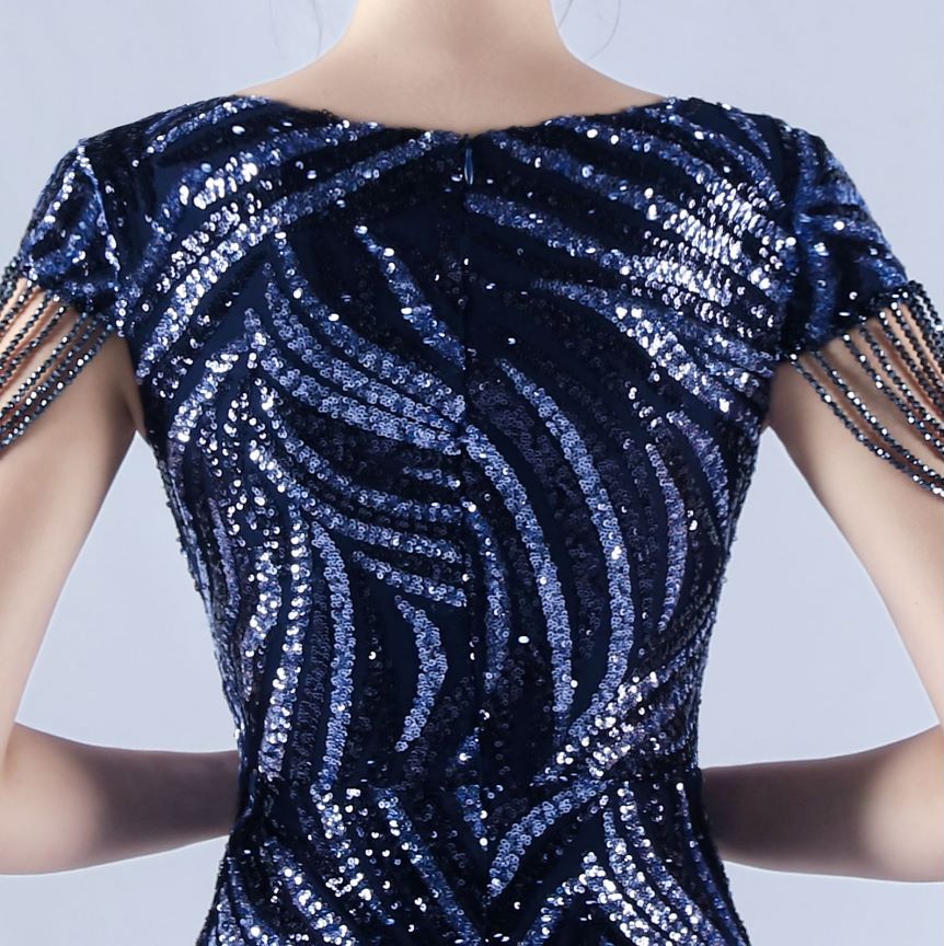 Sleeve Beads Sequins with A Line Evening Gown (Navy Blue) (Made To Order)