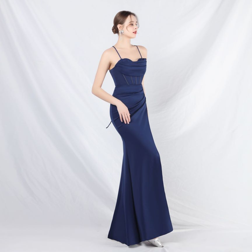 Spaghetti Back Cross Overlap Slit Evening Gown (Made To Order) (Navy Blue)