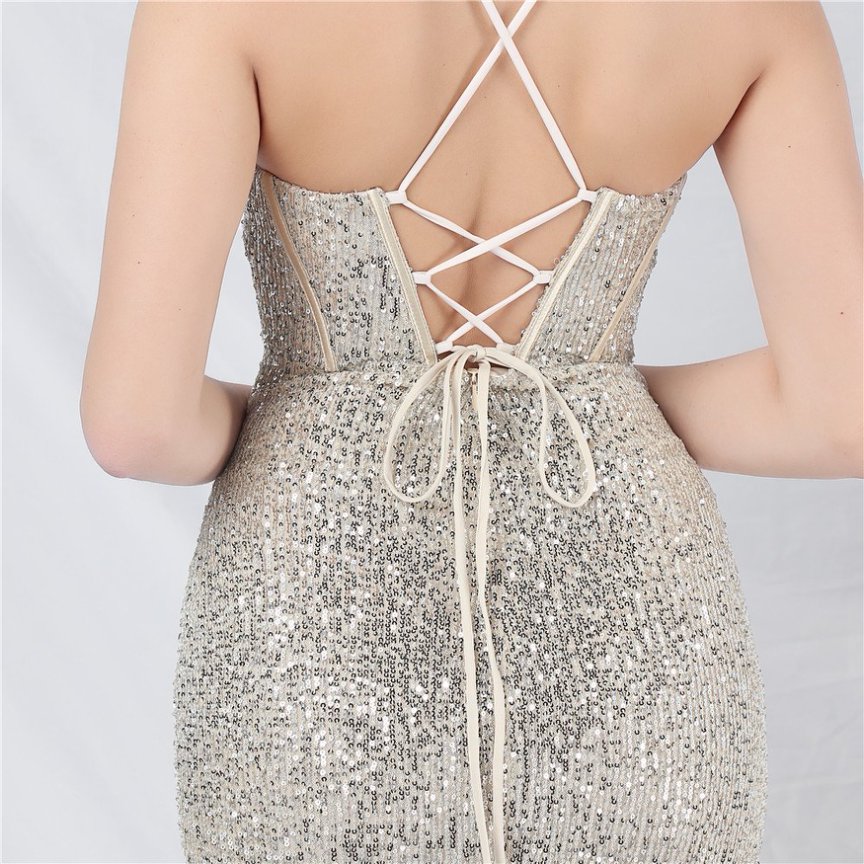 Sequins Back Cross with Overlap Slit Evening Gown (Silver) (Made To Order)