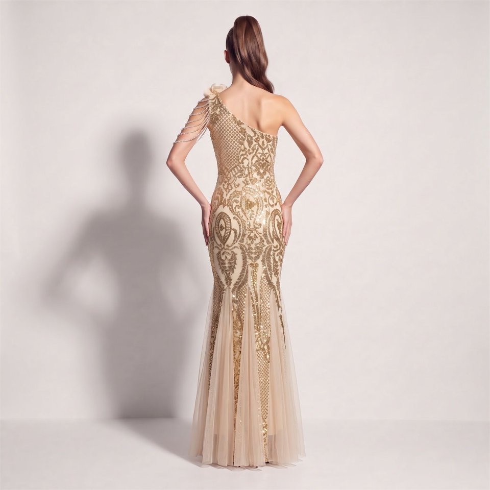 One Side Shoulder Flowering with Crystal Beads Evening Gown (Gold) (Made To Order)