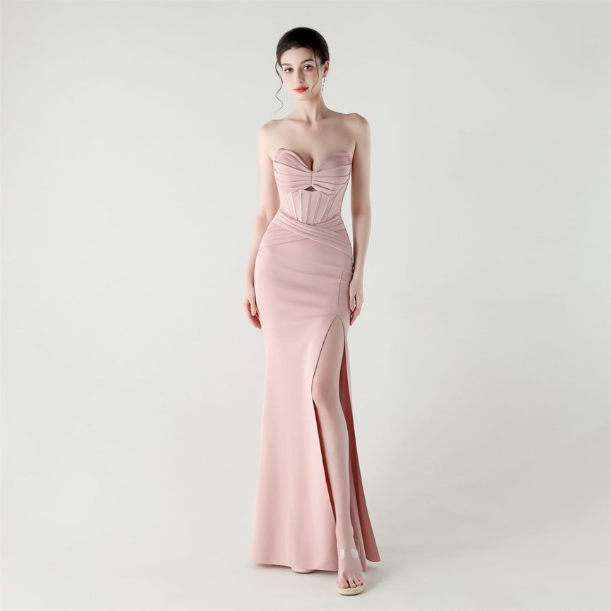 Strapless Pleated Corset Evening Gown (Pink) (Made To Order)