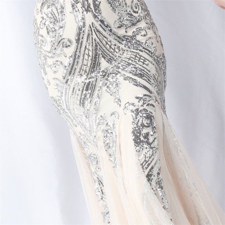 Strapless Sequins Frills Evening Gown (Silver) (Made To Order)