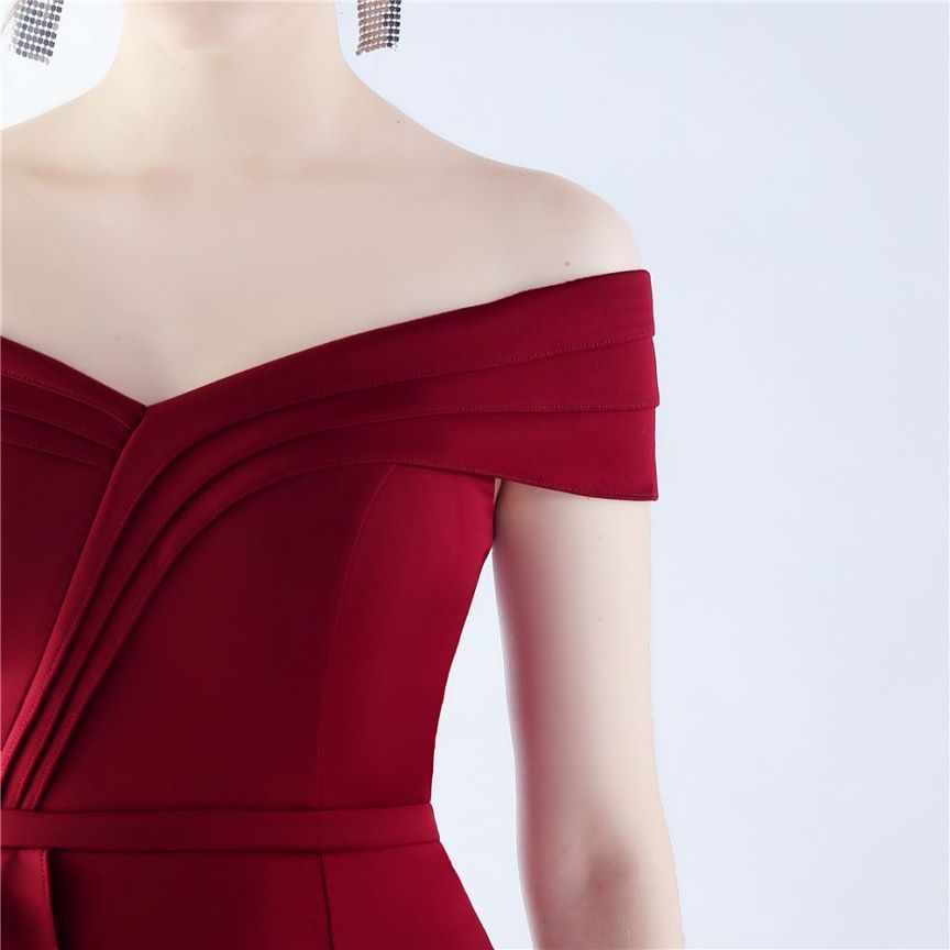 Off Shoulder Ruffles With Split Slit Evening Gown (Burgundy) (Made To Order)