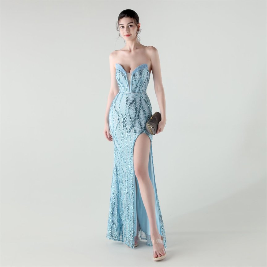 Strapless Sequins High Slit Evening Gown (Baby Blue) (Made To Order)