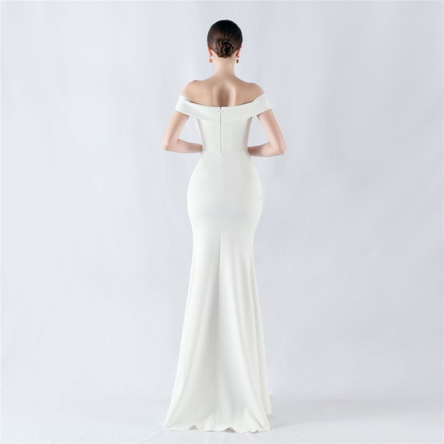 Pleated Off Shoulder Slim Evening Dress (White) (Made To Order)