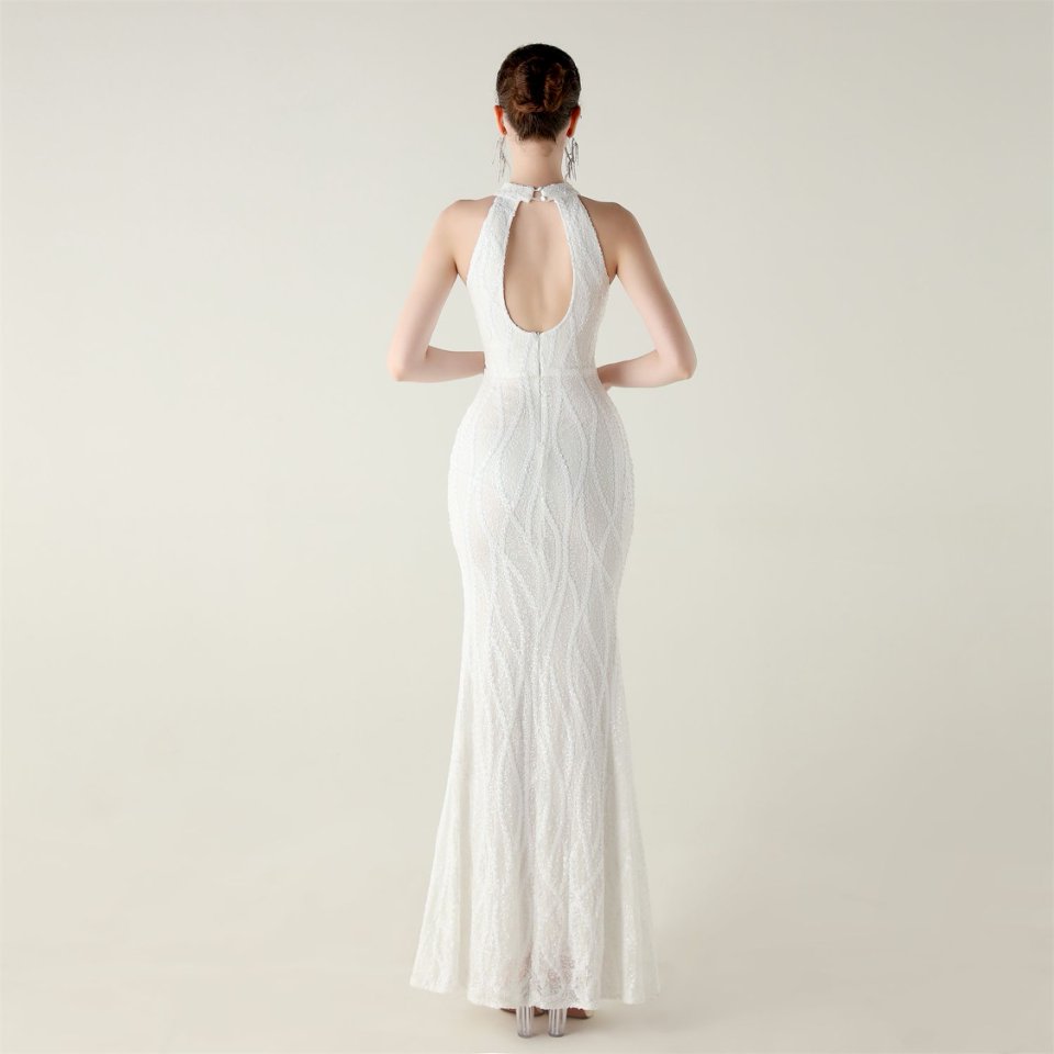 Halter Neck Sequins Backless Fitted Evening Gown (White) (Made To Order)