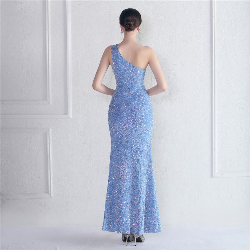 One Side Shoulder Sequins with Overlap Slit Evening Gowns (Sky Blue) (Made To Order)
