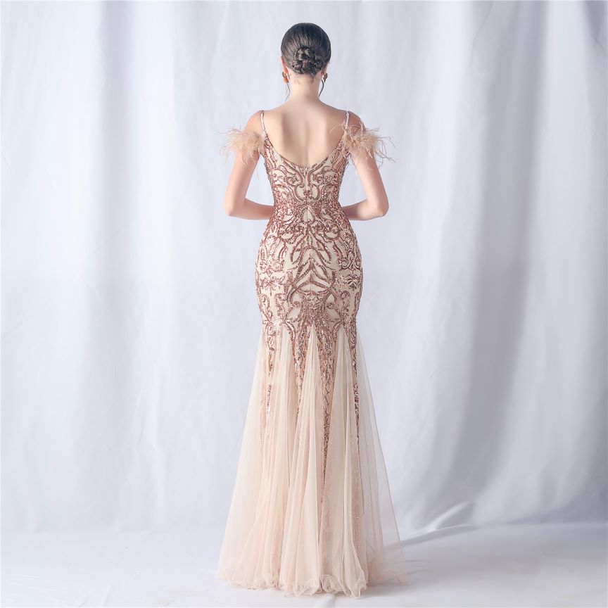Cold Shoulder Feather Sequins Evening Gown (Rose Gold) (Made To Order)