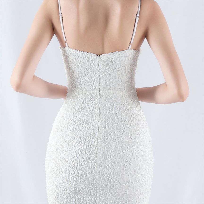 Spaghetti Two Tone Sequins Mermaid Evening Gown (White) (Made To Order)