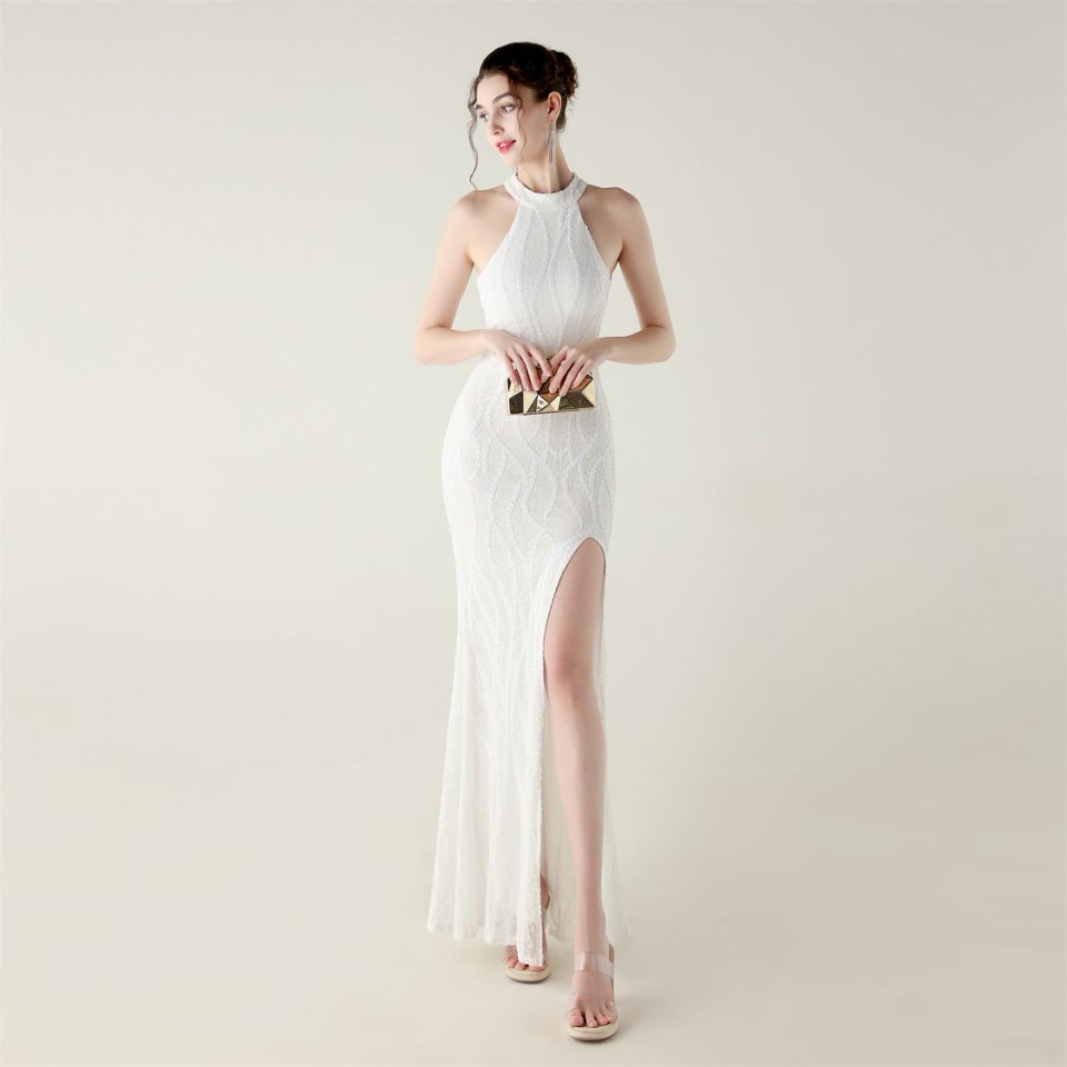 Halter Neck Sequins Backless Fitted Evening Gown (White) (Made To Order)