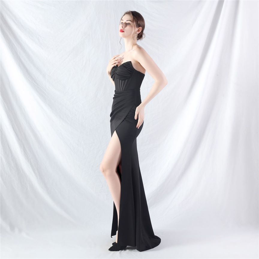 Strapless Corset Overlap Slit Evening Gown (Black) (Made To Order)