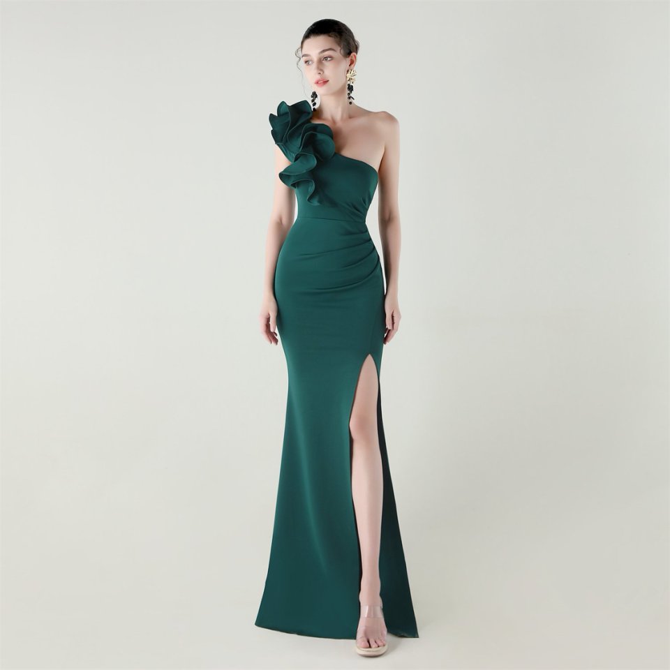Gorgeous One Side Shoulder Fitting Evening Gown (Green) (Made To Order)
