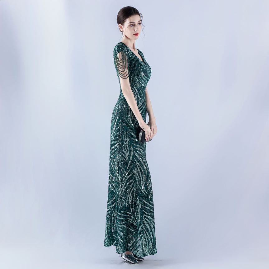 Sleeve Beads Sequins with A Line Evening Gown (Green) (Made To Order)