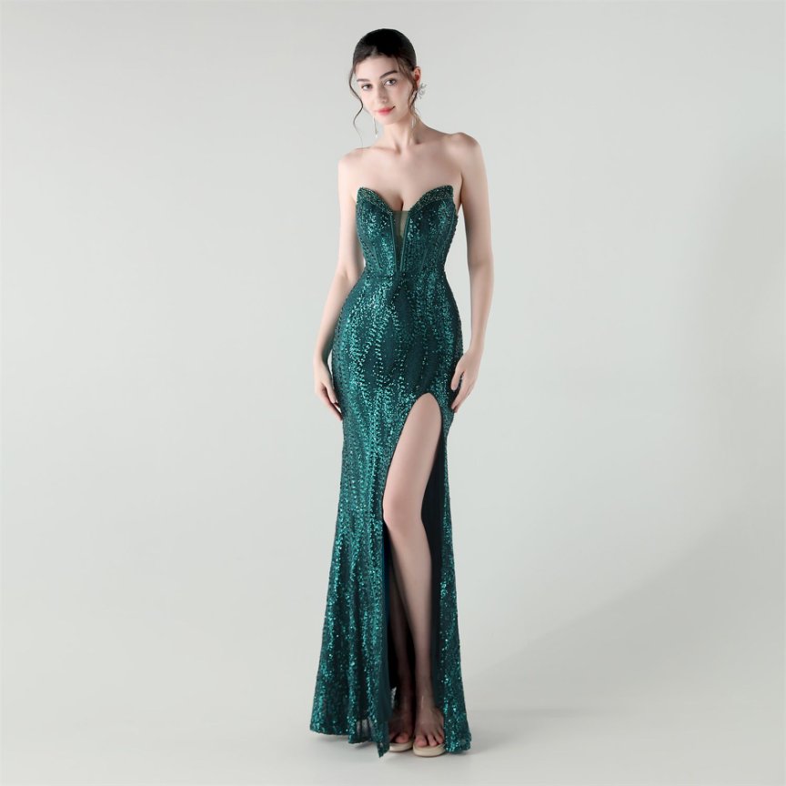 Strapless Sequins High Slit Evening Gown (Green) (Made To Order)