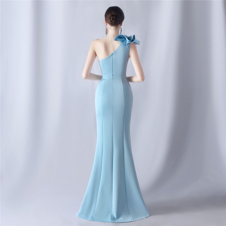 Glamorous One Side Shoulder with Overlap Slit Evening Dress (Baby Blue) (Made To Order)