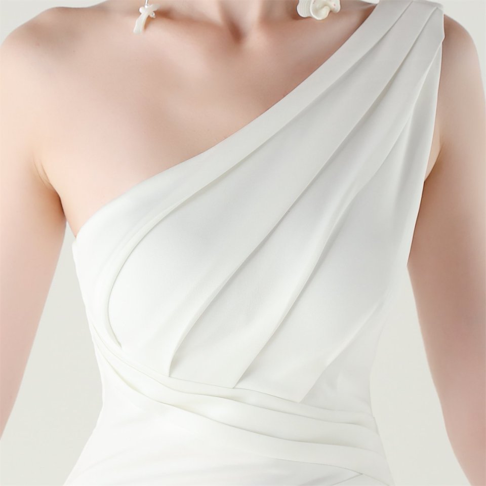 One Side Shoulder Pleated Evening Gown (White) (Made To Order)
