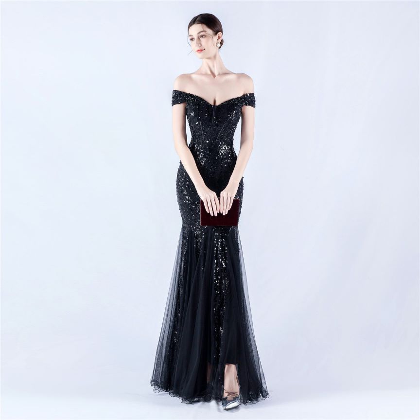 Off Shoulder Sequins Tulle Evening Gown (Black) (Made To Order)