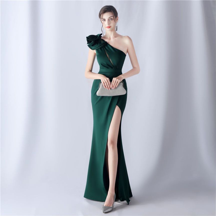 Glamorous One Side Shoulder with Overlap Slit Evening Dress (Green) (Made To Order)