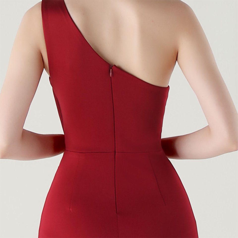 One Side Shoulder Pleated Evening Gown (Maroon) (Made To Order)