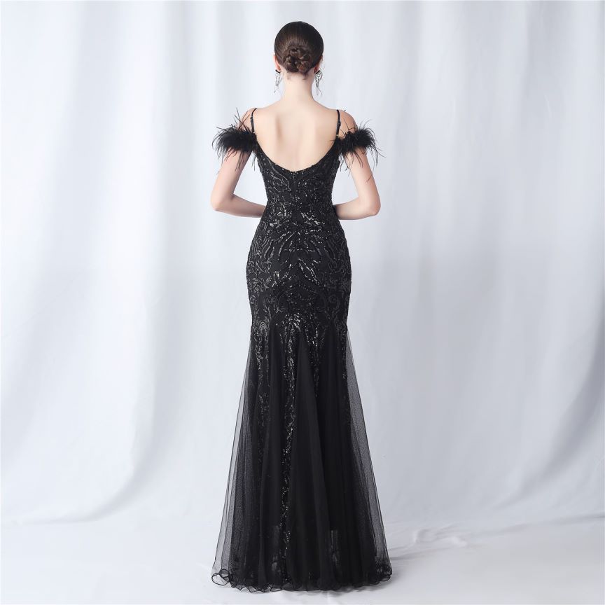 Cold Shoulder Feather Sequins Evening Gown (Black) (Made To Order)