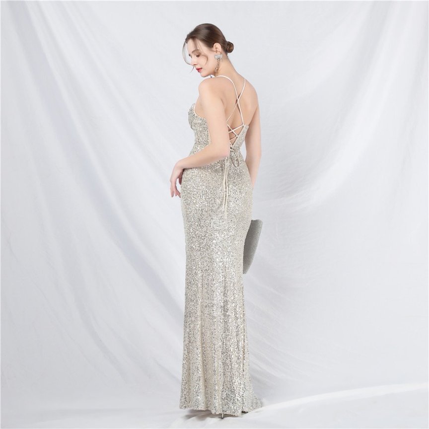 Sequins Back Cross with Overlap Slit Evening Gown (Silver) (Made To Order)