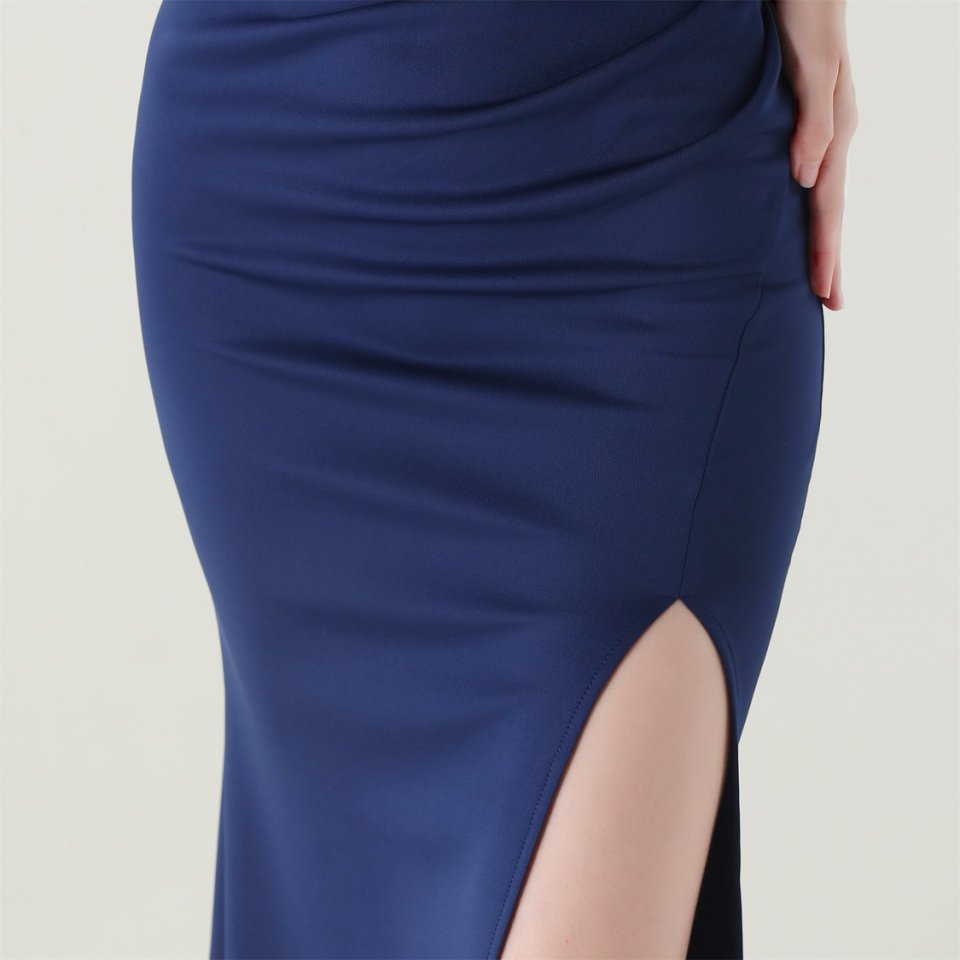 Gorgeous One Side Shoulder Fitting Evening Gown (Navy Blue) (Made To Order)