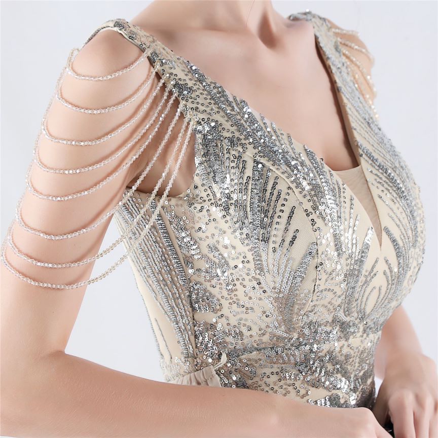 Elegant Crystal Beads Sequins Mermaid Cape Skirt Gown (Silver) (Made To Order)