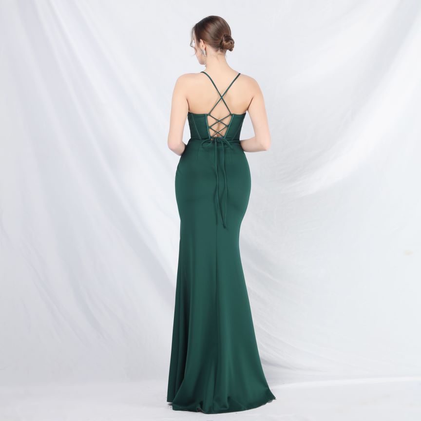 Spaghetti Back Cross Overlap Slit Evening Gown (Made To Order) (Green)