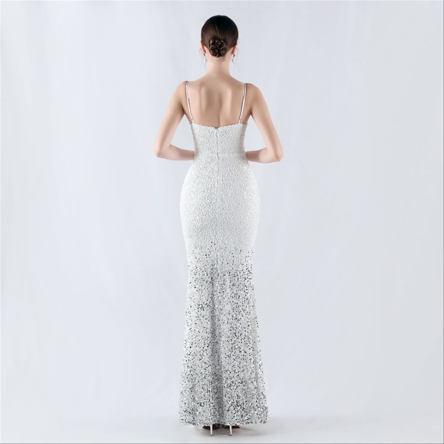 Spaghetti Two Tone Sequins Mermaid Evening Gown (White) (Made To Order)