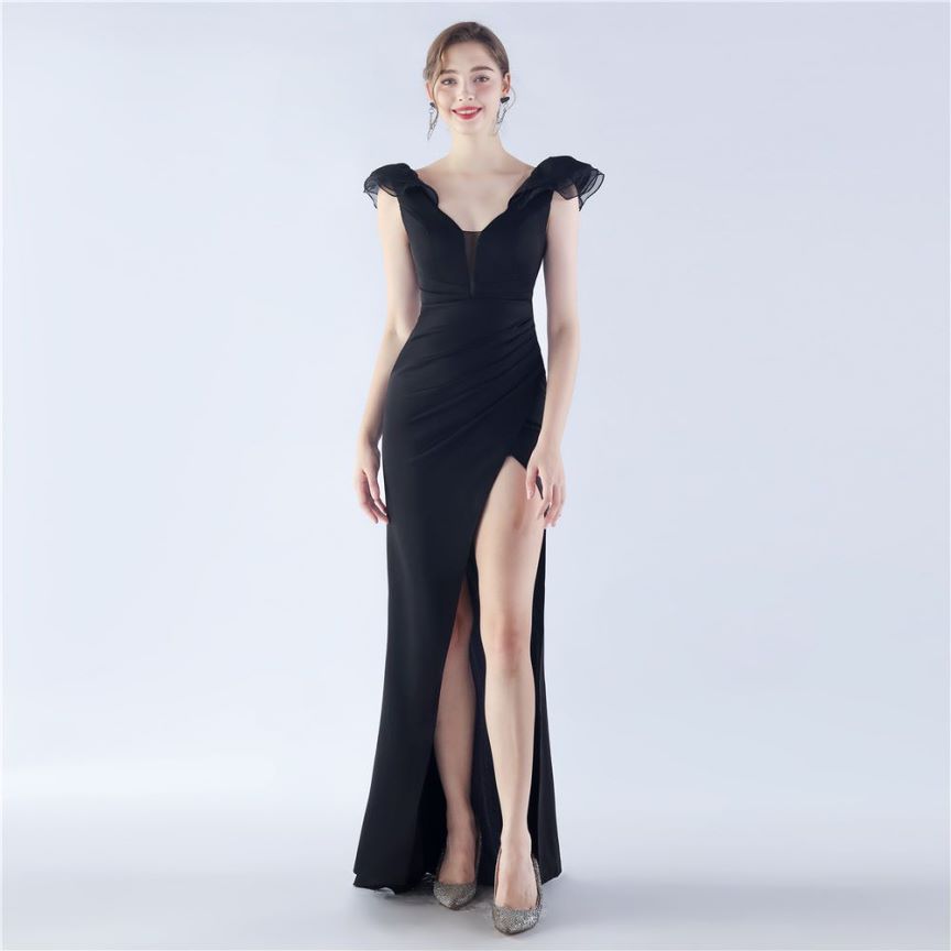 Ruffles Shoulder With Low Back Fitted Evening Gown (Black) (Made To Order)