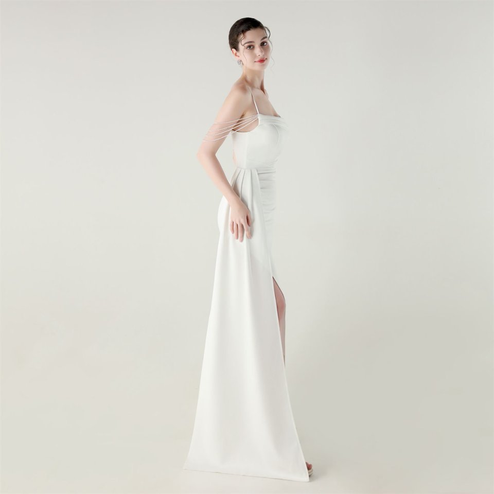 Crystal Beads Spaghetti Pleated Waist Evening Gown (White) (Make To Order)