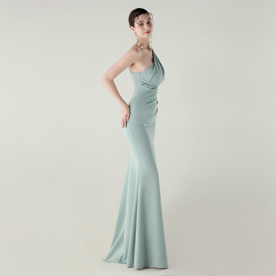 One Side Shoulder Pleated Evening Gown (Lake) (Made To Order)