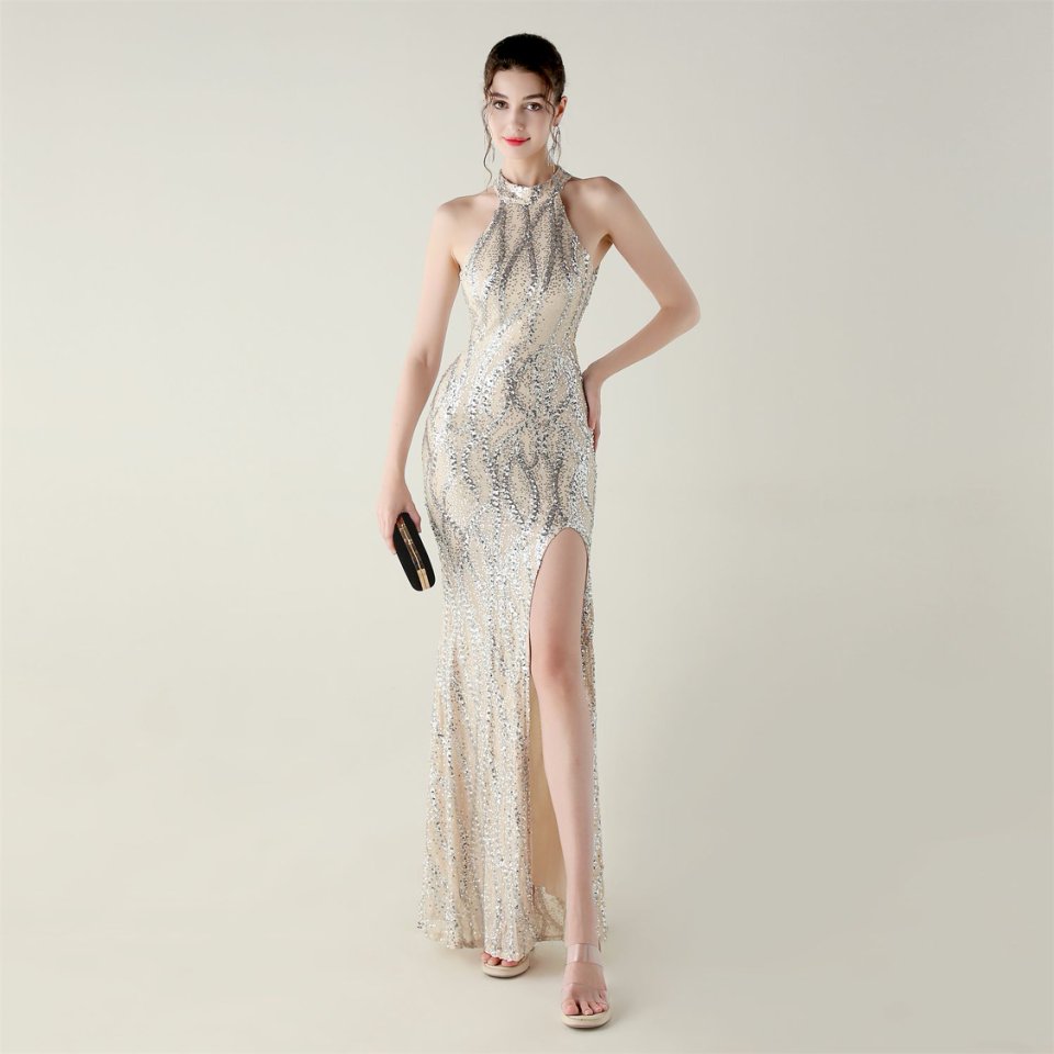 Halter Neck Sequins Backless Fitted Evening Gown (Silver) (Made To Order)