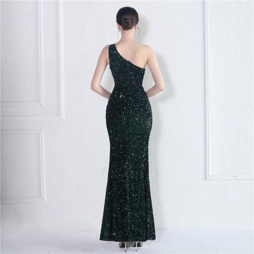 One Side Shoulder Sequins with Overlap Slit Evening Gowns (Green) (Made To Order)