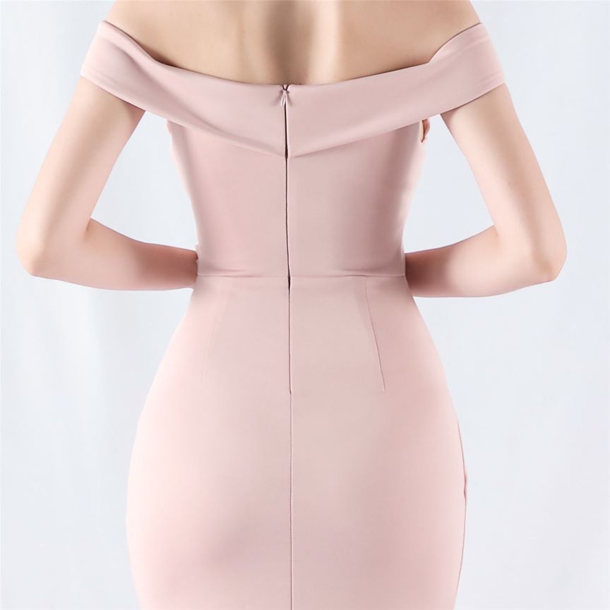 Pleated Off Shoulder Slim Evening Dress (Pink) (Made To Order)