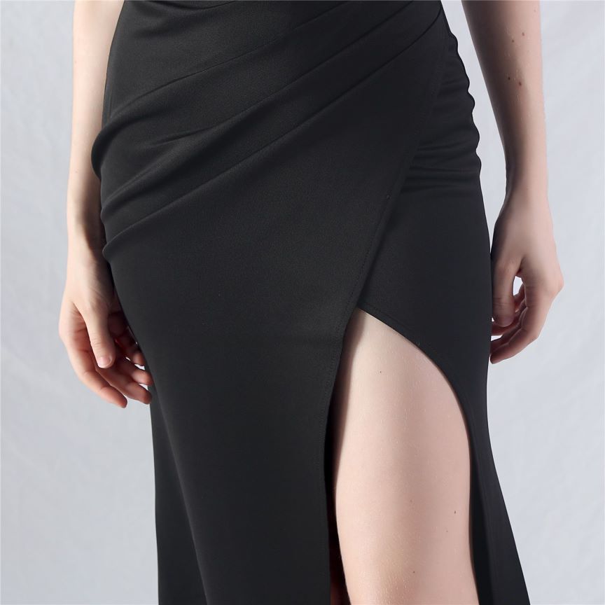 Strapless Crystal Beads Corset Overlap Slit Evening Gown (Black) (Retail)