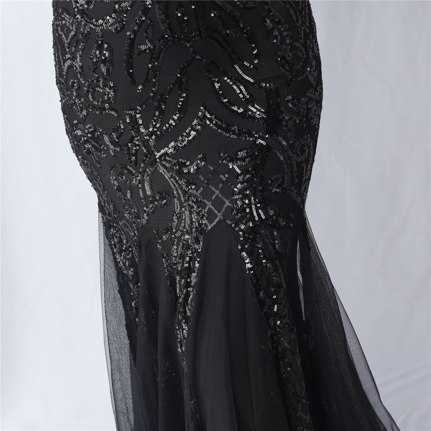 Cold Shoulder Feather Sequins Evening Gown (Black) (Made To Order)