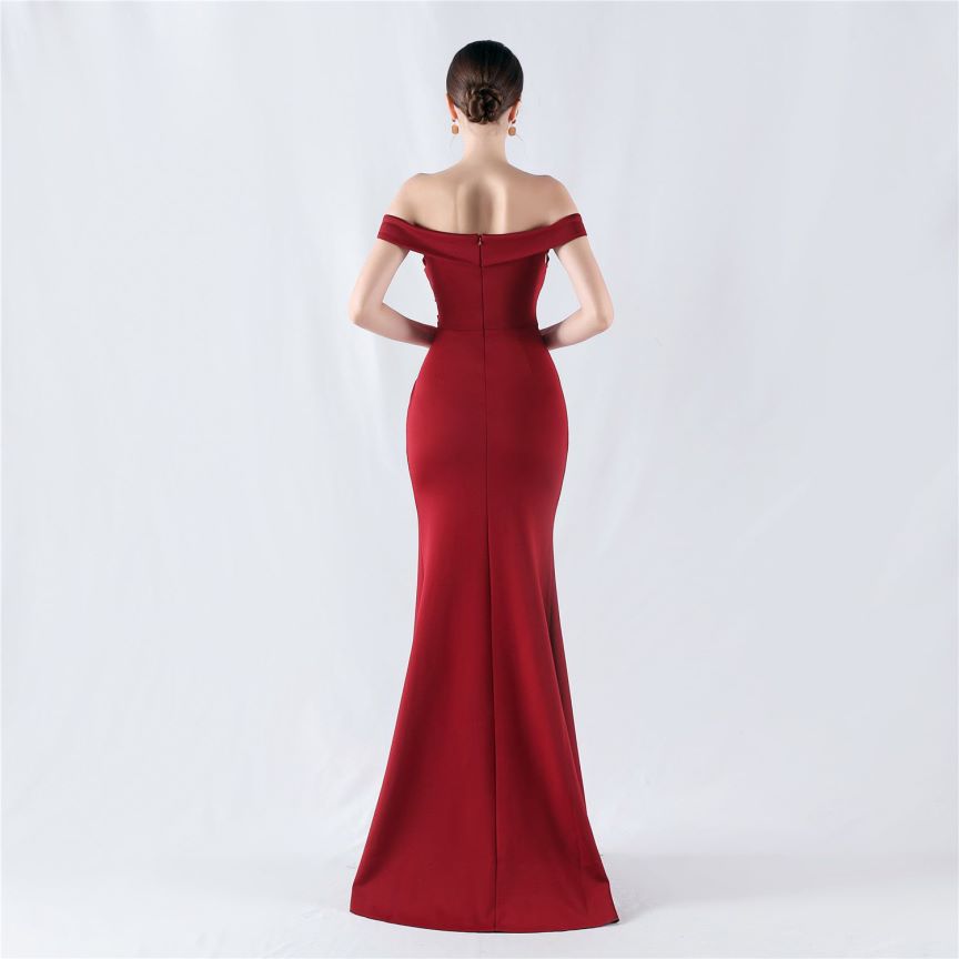 Pleated Off Shoulder Slim Evening Dress (Burgundy) (Made To Order)
