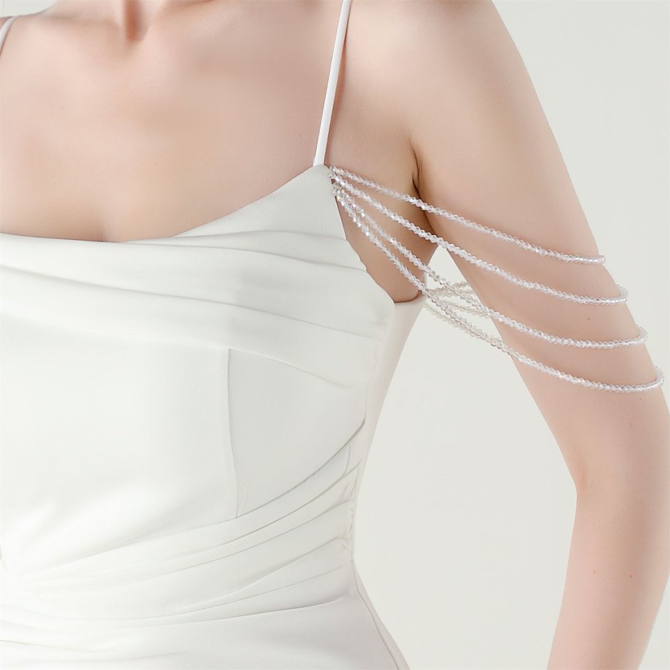 Crystal Beads Spaghetti Pleated Waist Evening Gown (White) (Make To Order)