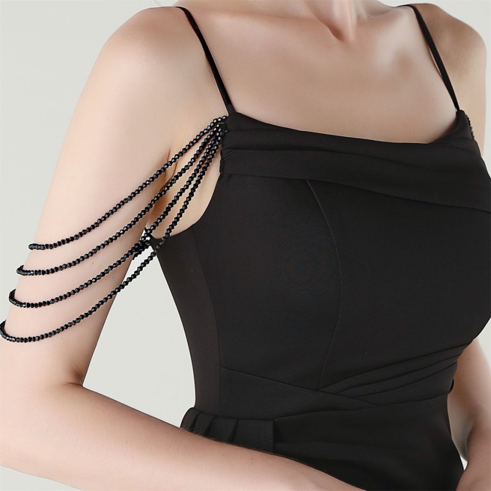 Crystal Beads Spaghetti Pleated Waist Evening Gown (Black) (Made To Order)