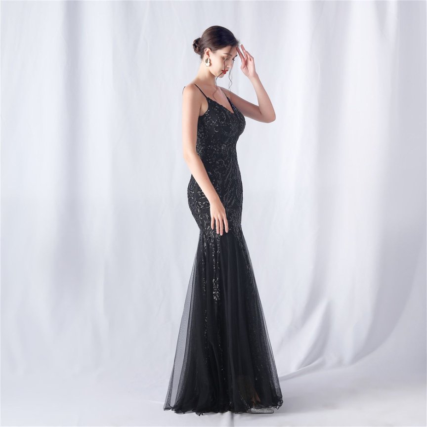 Spaghetti Sequins White Gown with Tulle Skirt Evening Gown (Black) (Made To Order)