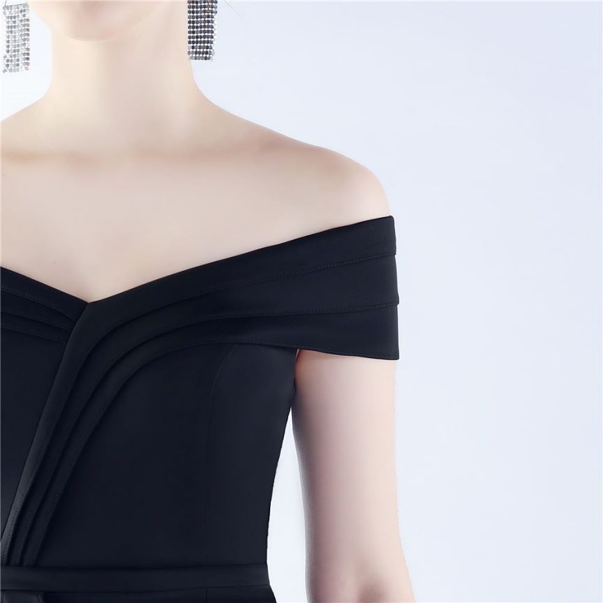 Off Shoulder Ruffles With Split Slit Evening Gown (Black) (Made To Order)