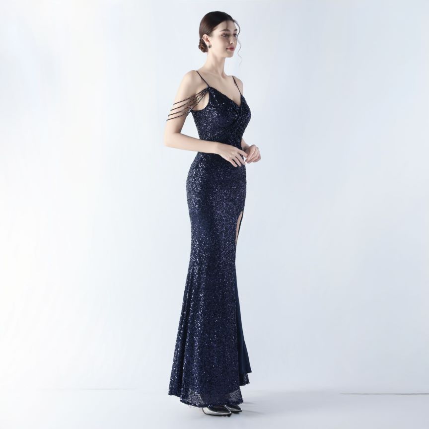 Spaghetti Padded Sequins Slit Gown (Navy Blue) (Made To Order)