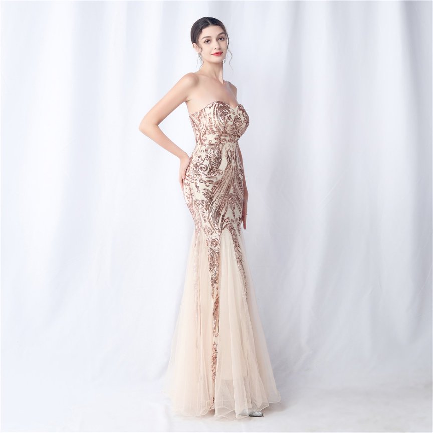 Strapless Sequins Frills Evening Gown (Rose Gold) (Made To Order)