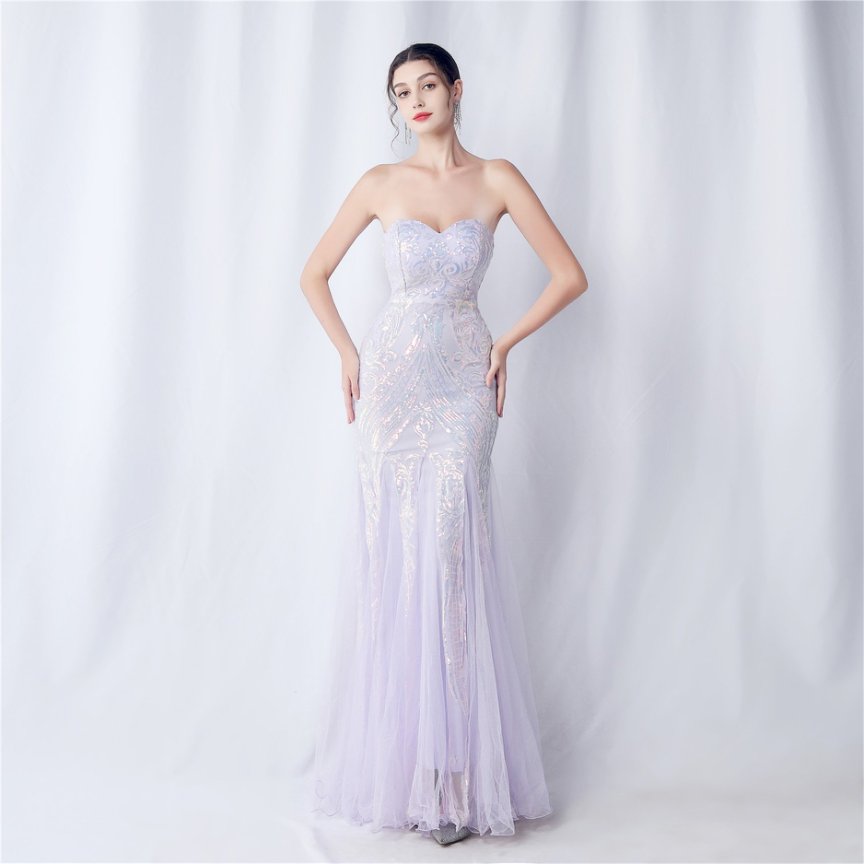 Strapless Sequins Frills Evening Gown (Lavender) (Made To Order)