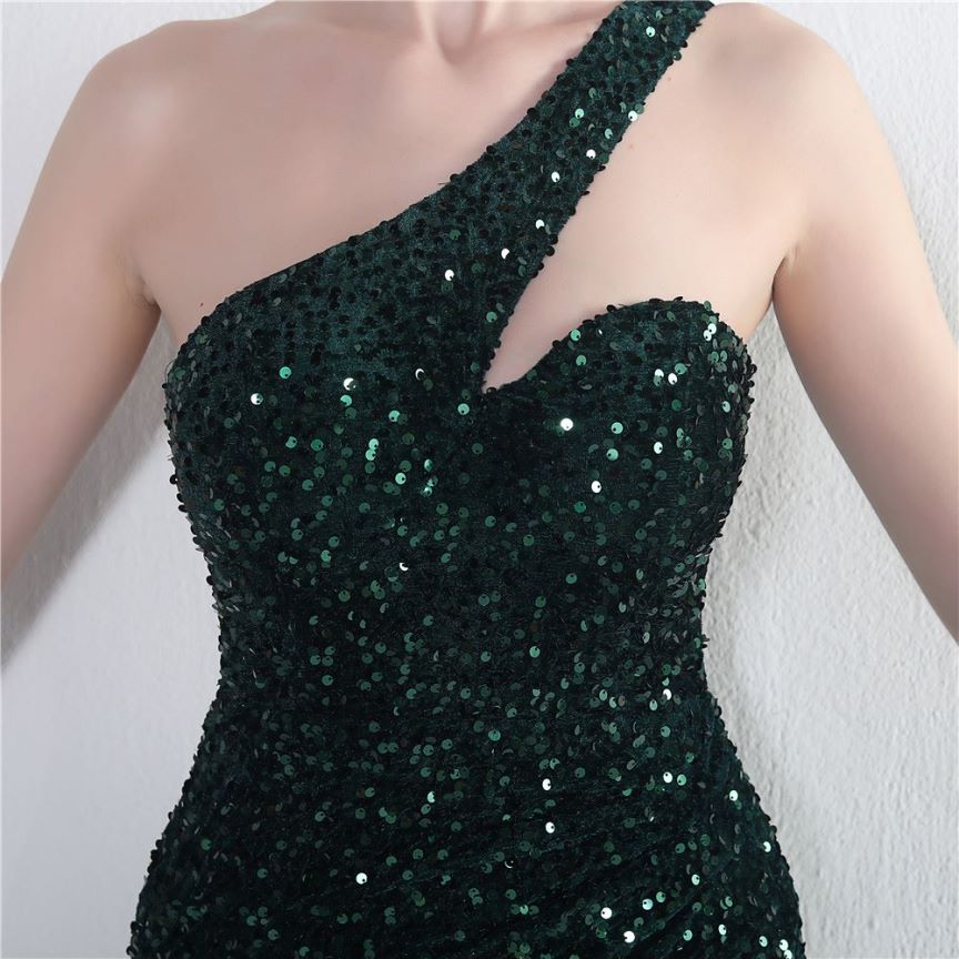 One Side Shoulder Sequins with Overlap Slit Evening Gowns (Green) (Made To Order)