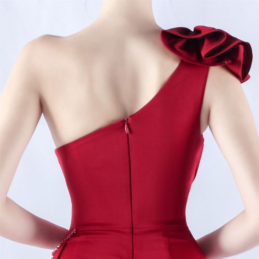 Gorgeous One Side Shoulder Evening Gown (Maroon) (Made To Order)