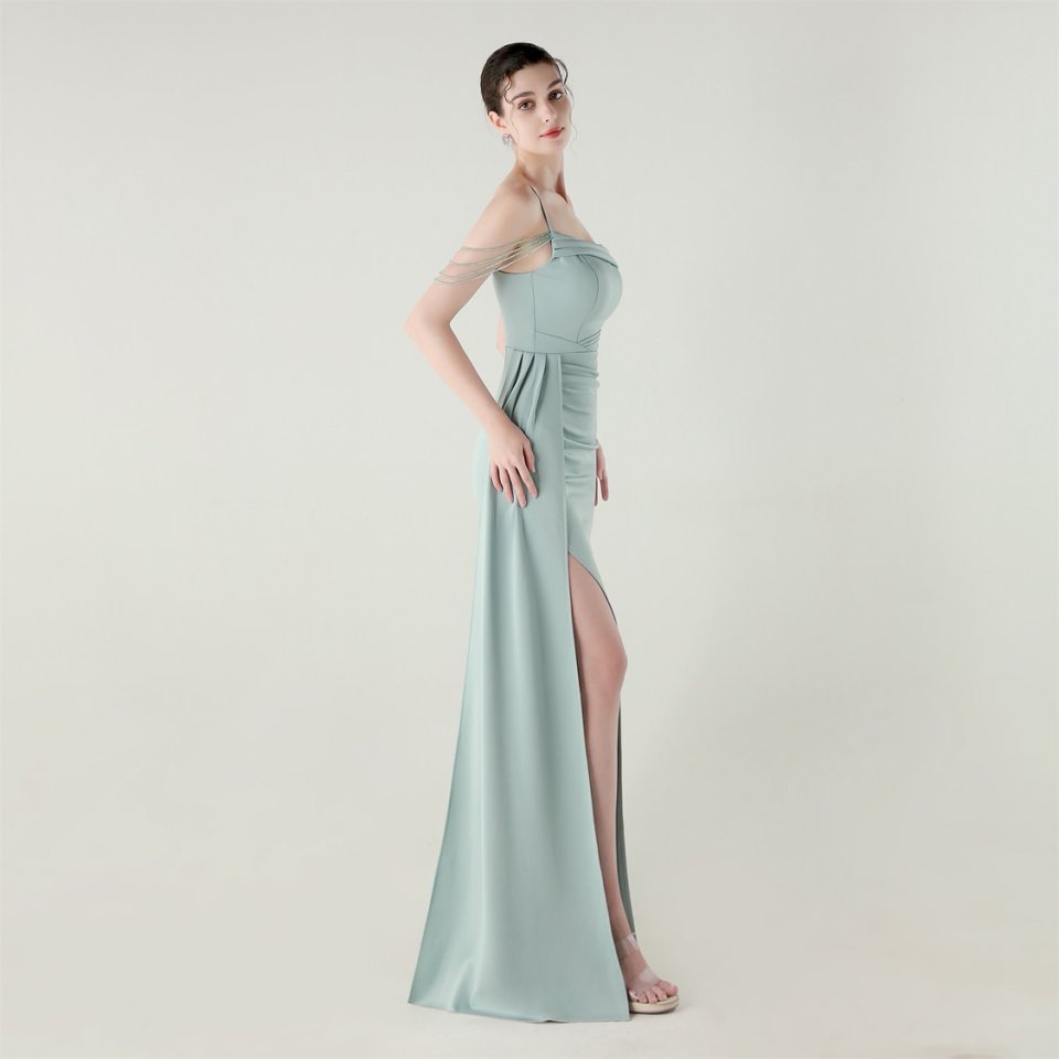 Crystal Beads Spaghetti Pleated Waist Evening Gown (Lake) (Make To Order)