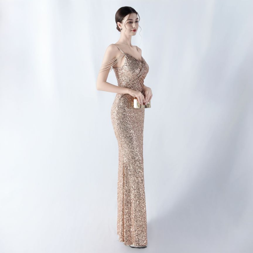 Spaghetti Padded Sequins Slit Gown (Gold) (Made To Order)