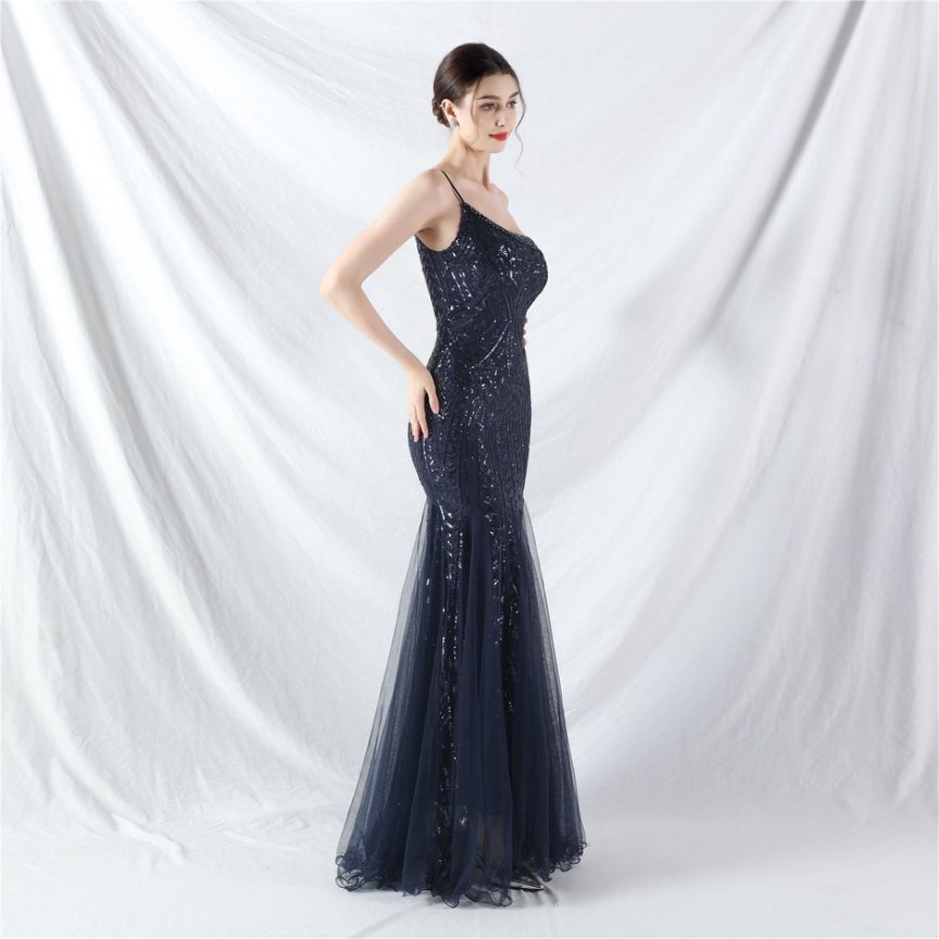 Elegant One-Shoulder Black Sequin Evening Gown with Tulle Skirt (Navy Blue) (Retail)